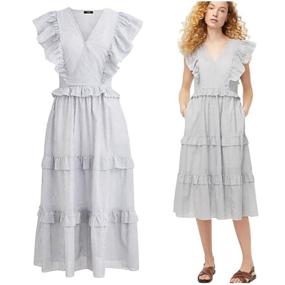 J Crew Tiered Cotton Voile Sundress Ruffled Striped Midi Dress White Gray XXL - Picture 2 of 9